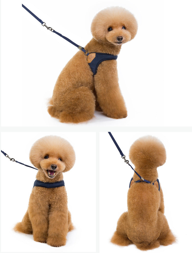 Navy Blue harness worn by a dog in three views