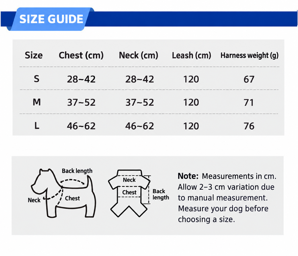 S M L chest and neck measurements and 120 cm leash length