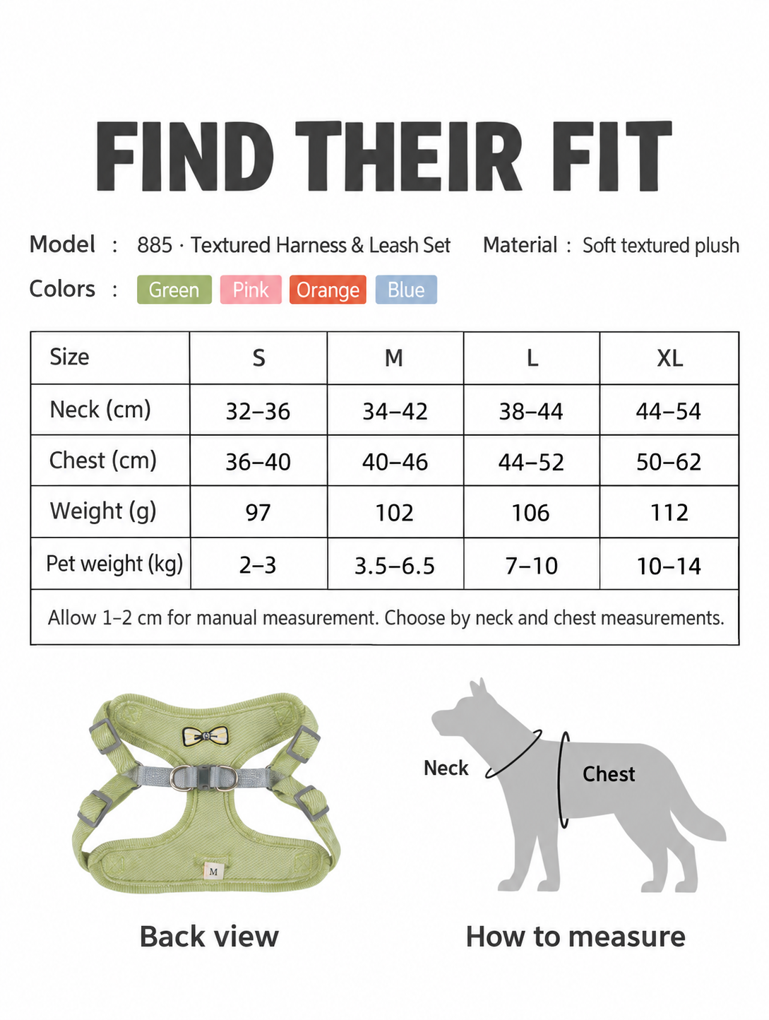 S to XL harness measurements and weight guide