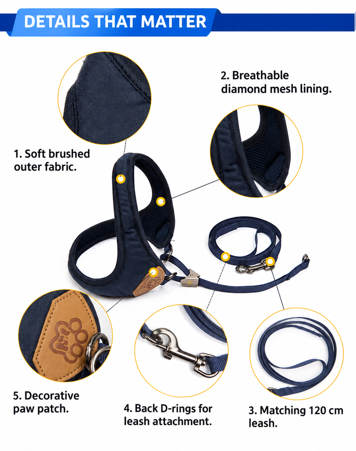 Mesh lining, back D-rings and matching leash details