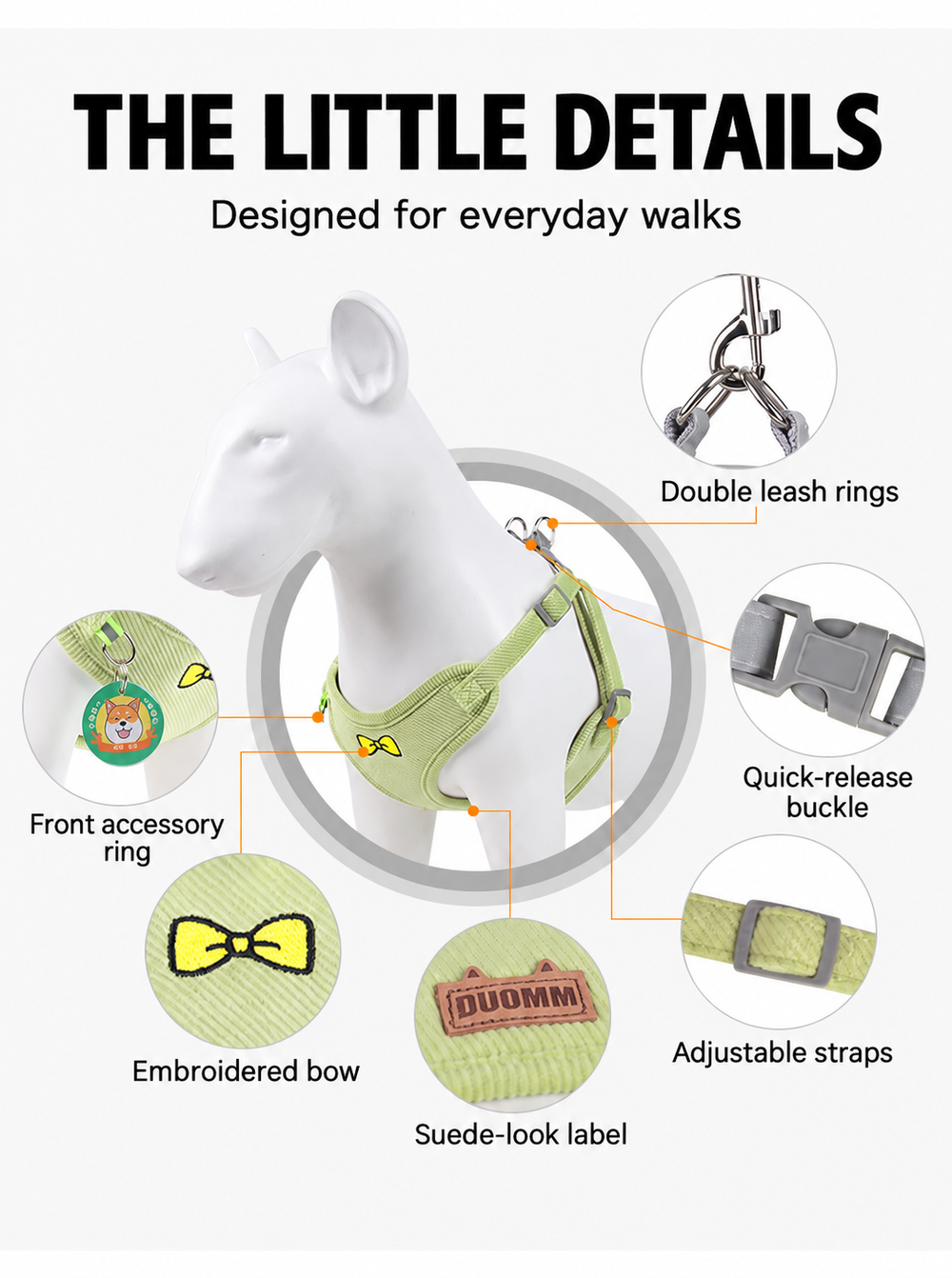 Adjustable straps, buckle, double leash rings and embroidered bow