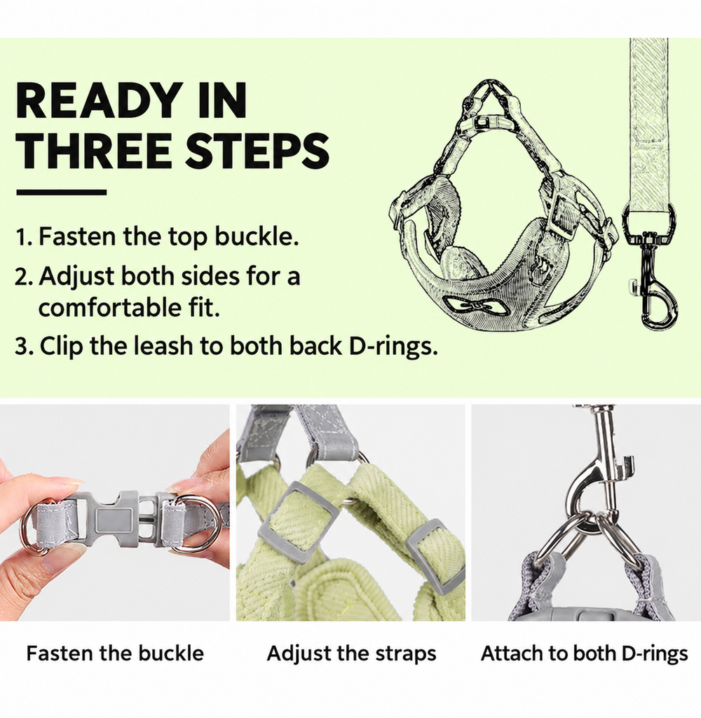 Three steps for putting on the harness and attaching the leash