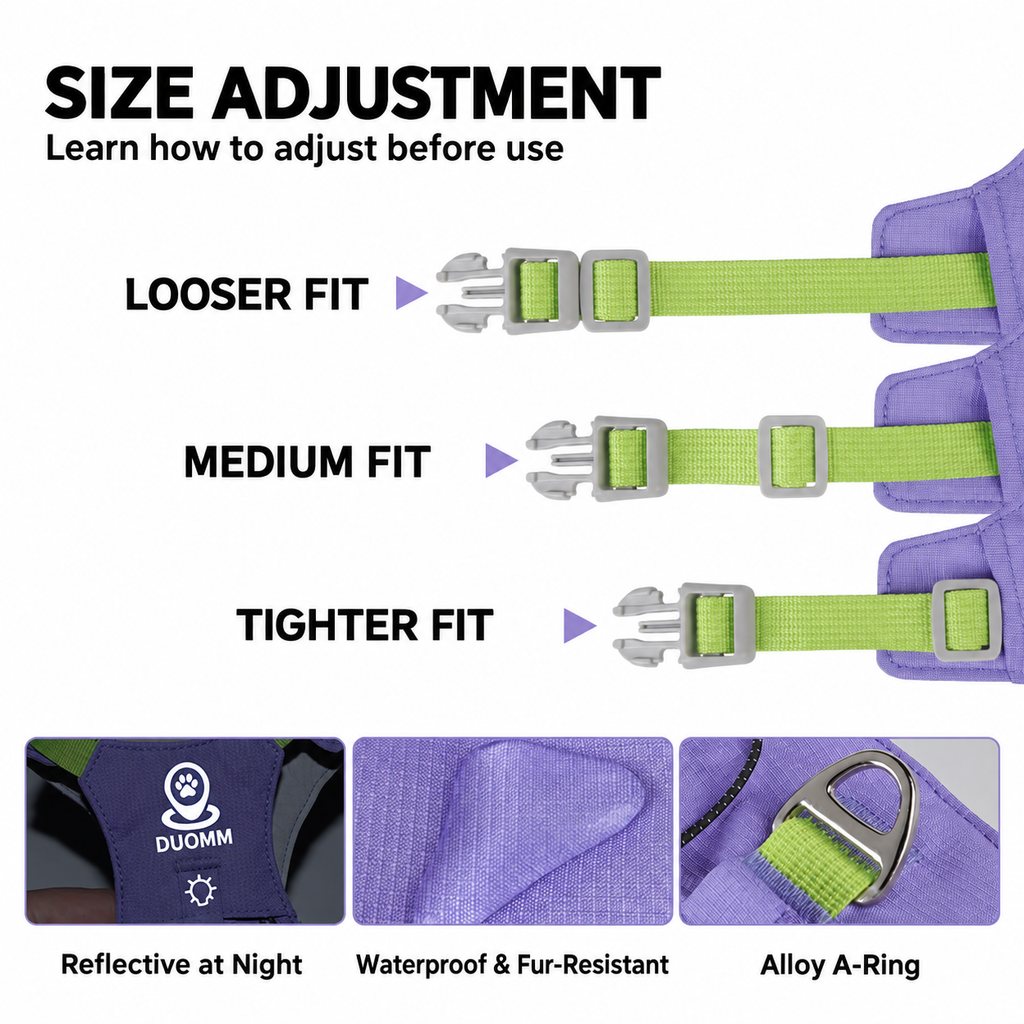 Close-up guide showing how to loosen and tighten the lime-green straps on the purple dog harness